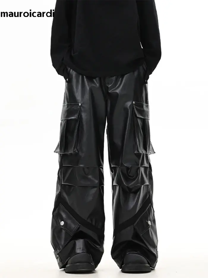 Mauroicardi-Pantalon Cargo en Cuir PU pour Homme, Baggy Noir, Jambes Larges, Poches Tridimensionnell