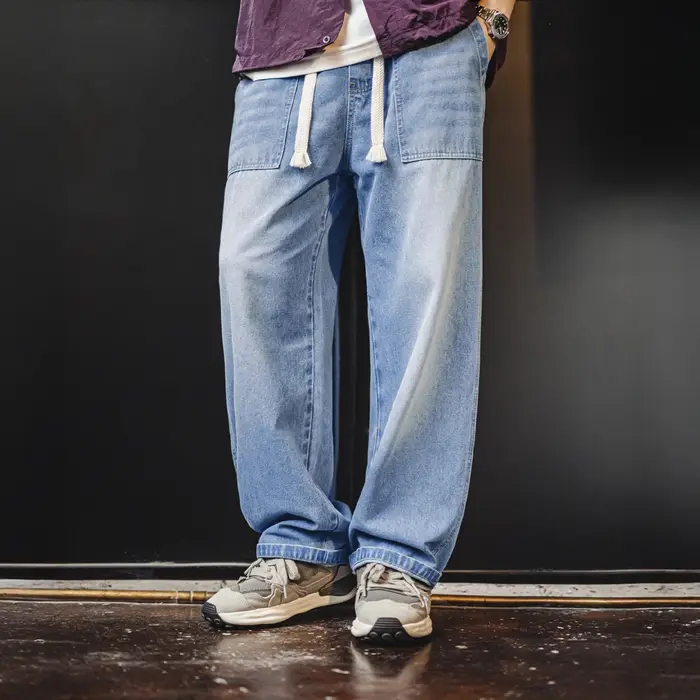 Jean Maden pour homme, style vintage, en denim délavé, coupe large, avec cordon de serrage et taille
