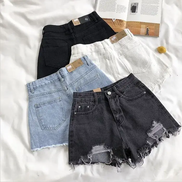 Short en jean déchiré taille haute pour femme, mode coréenne d'été, jean décontracté, poche, pompon,