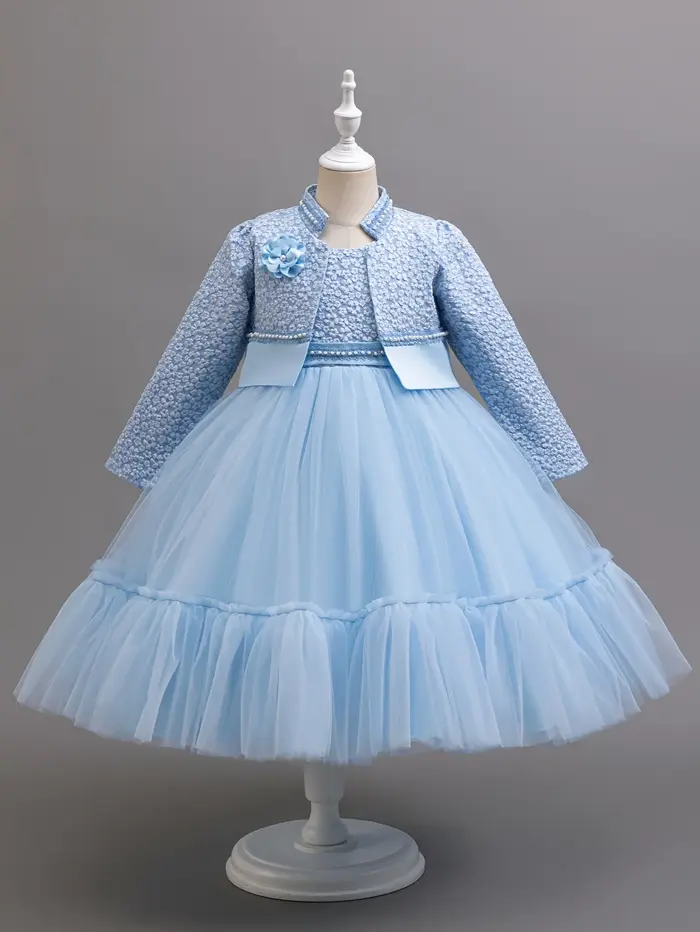 Ensemble de robe en dentelle de Lotus kaki pour filles, vêtements de princesse mignons et manteau, à