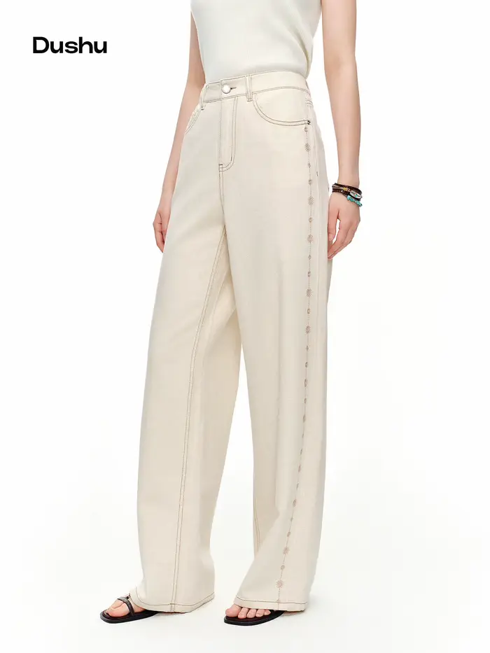 DUSHU 2024 – Jean droit brodé en mélange de lin blanc pour femme – Pantalon élégant et décontracté p