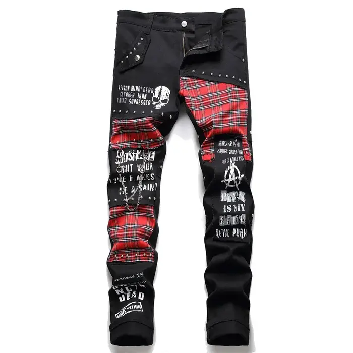 Jean Patchwork Tartan écossais pour hommes, pantalon en Denim noir, Punk avec Rivet, lettres imprimé
