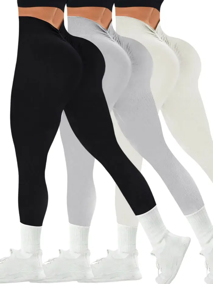 Pantalon de Yoga sans couture, couleur unie, dos en V, taille haute, tricoté côtelé, haute élasticit