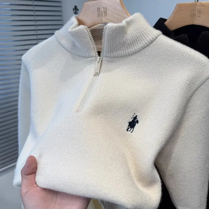 Marque de luxe zip demi col roulé pull hommes haut de gamme mode poney Golf broderie hiver velours é