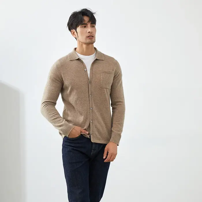 Cardigan tricoté en cachemire pour homme, couleur unie, manches longues, col POLO, veste décontracté