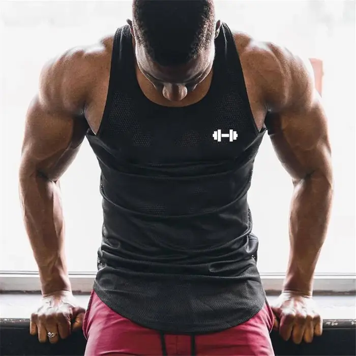 Débardeurs de sport pour hommes d'été, respirants et à séchage rapide, en maille, imprimés haltères,