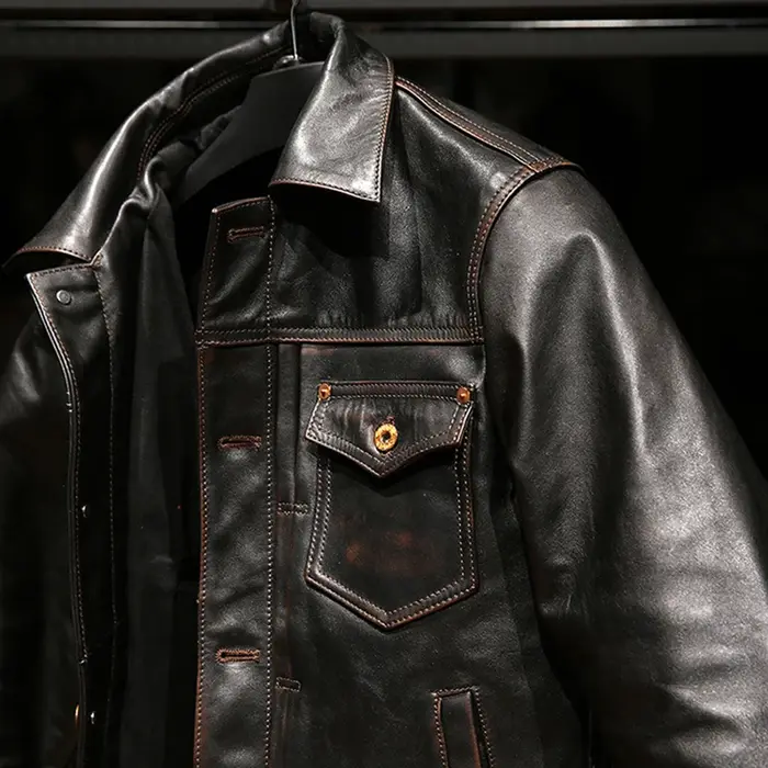 Veste vintage en cuir véritable pour hommes, vêtements de haute qualité, style coréen, Tea Core, rev