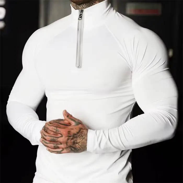 T-shirt de compression fitness homme manches longues demi-zip pour gym et course - Élastique et respirant