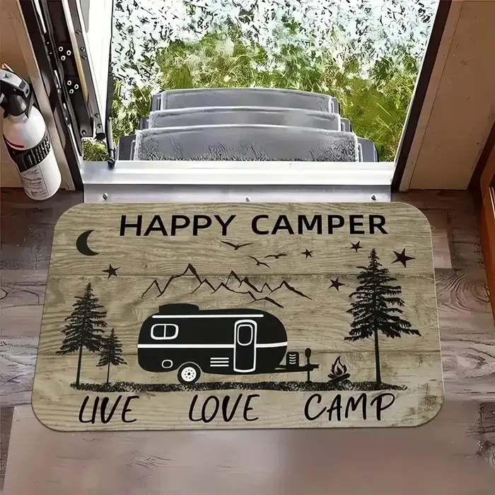 Tapis de bienvenue pour camping-car motif joyeux antidérapant lavable pour cuisine salle de bain entrée salon voyages camping美好生活迎宾垫，带露营车图案，防滑可洗，适用于厨房、浴室、入口和客厅