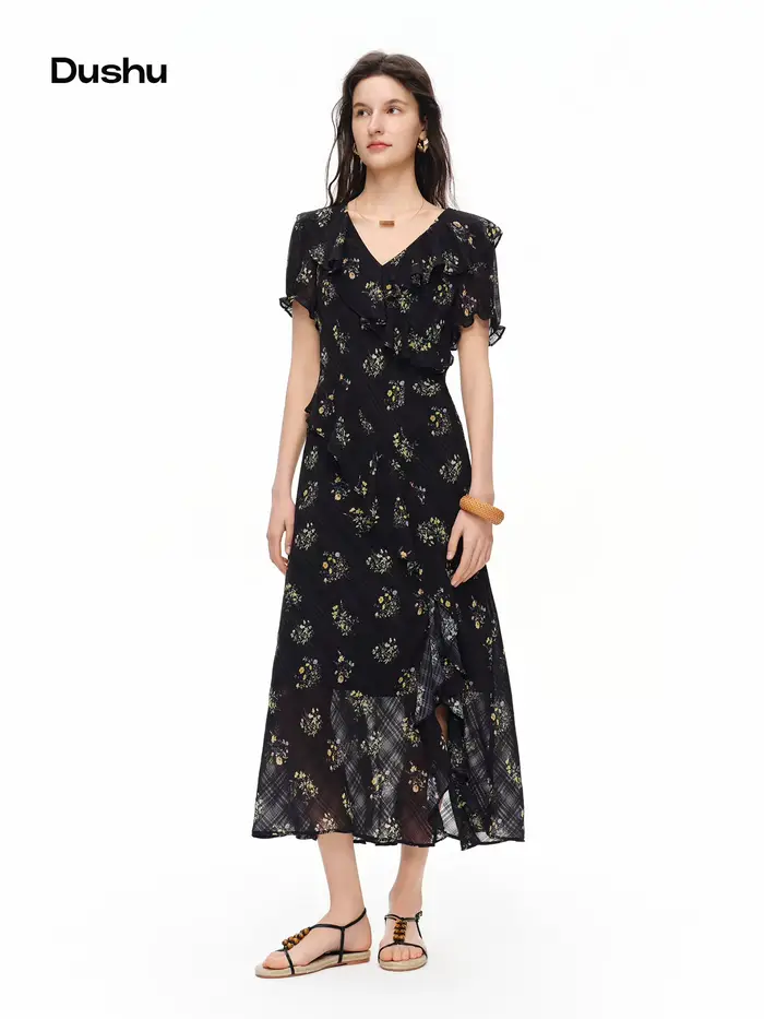 Robe florale à motif quadrillé subtil DUSHU 2026 pour femme avec volants - Style féminin et délicat 