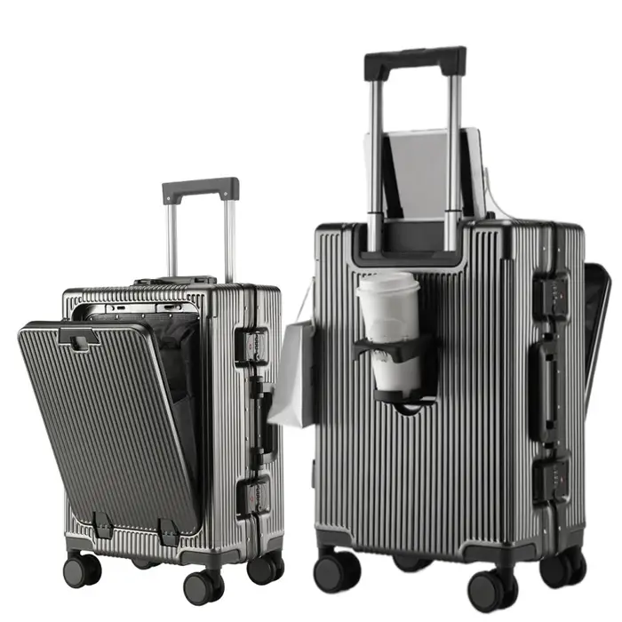 Valise de poche à ouverture avant, cadre en alliage d'aluminium, bagages roulants avec prise de char