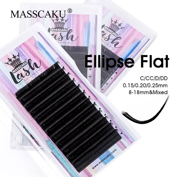 MASSCAKU Faux cils de vison Ellipse Extension de cils plats C/D Curl 0.15 0.20 0.25mm 8-18mm et méla
