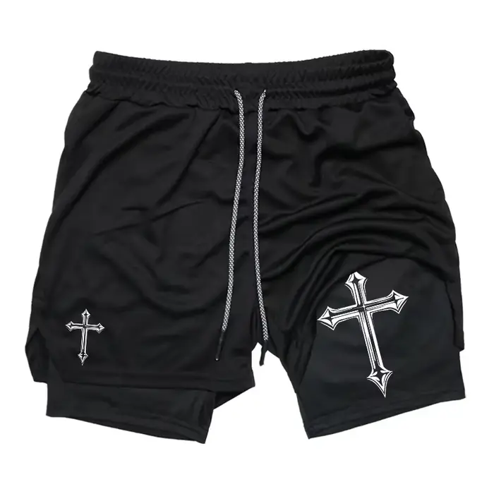 Short d'entraînement 2 en 1 homme - Imprimé croisé avec doublure compression, poche téléphone et boucle serviette