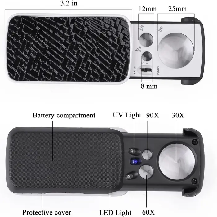 Loupe de bijoux avec lumière UV LED 30X 60X 90X, Loupe oculaire de bijoutier pliable pour pierres pr