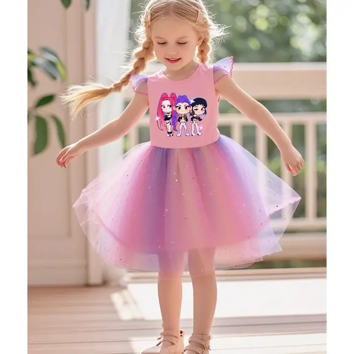Robe K-Pop Hunters Rumi pour petites filles, robe de princesse en maille avec étoiles et paillettes,