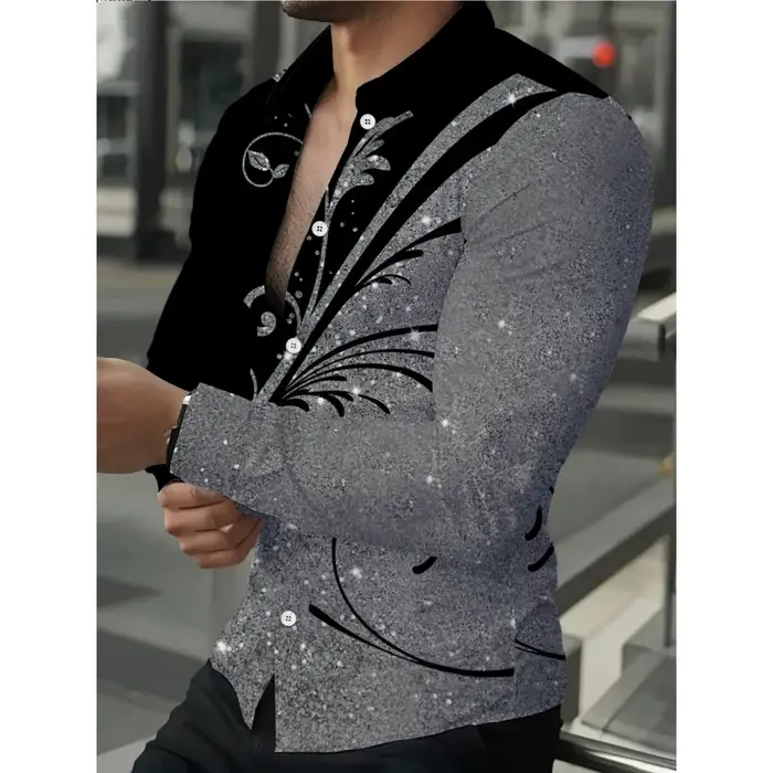 Chemise pour homme à imprimé pailleté, manches longues, motif géométrique, décontractée, col à rever