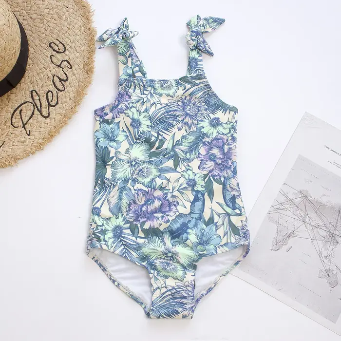 Été fleur imprimé filles enfants une pièce maillots de bain maillot de bain nœud déco enfants plage 