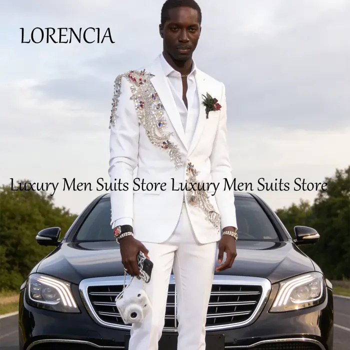 Costumes de mariage en cristaux avec pompons et diamants pour hommes, ensembles 2 pièces, blazers de