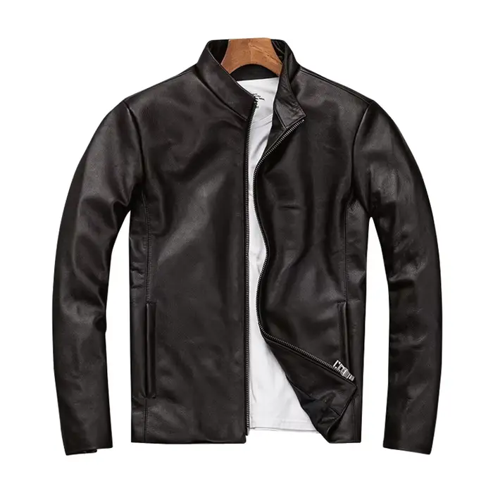 Veste en cuir véritable pour homme, coupe slim, col montant, première couche de cuir de vachette, vê