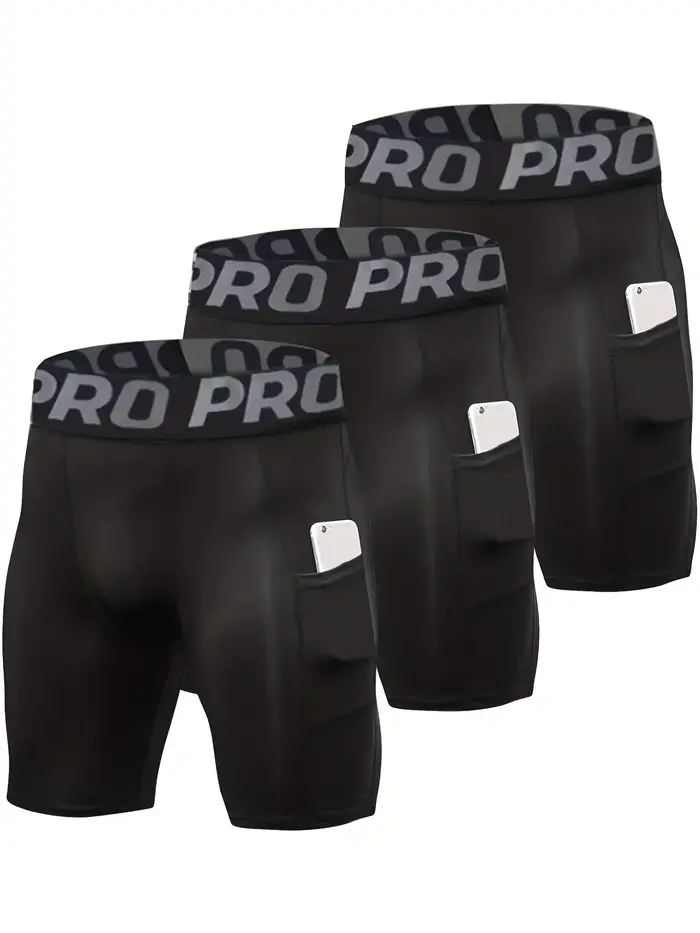 Lot de 3 shorts de compression pour hommes avec poche, shorts de course en spandex, sous-vêtements d