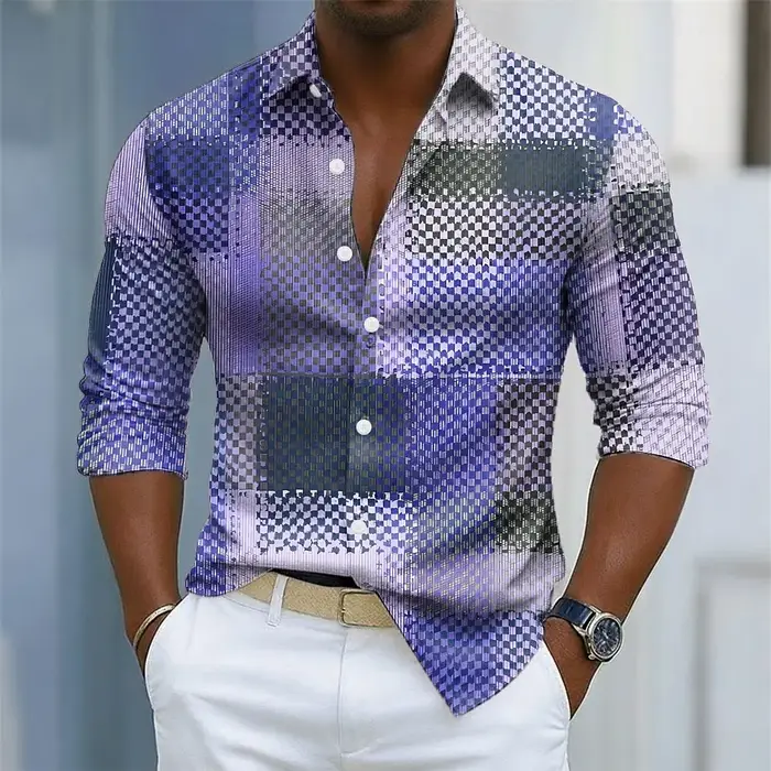 Chemise à carreaux pour hommes, bloc de couleur géométrique, motifs à carreaux, chemise boutonnée, m