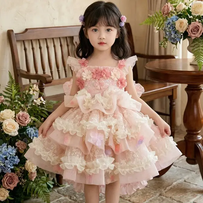 Robe de princesse Lolita originale pour filles, robe rose à fleurs pour anniversaire, mariage, fête,