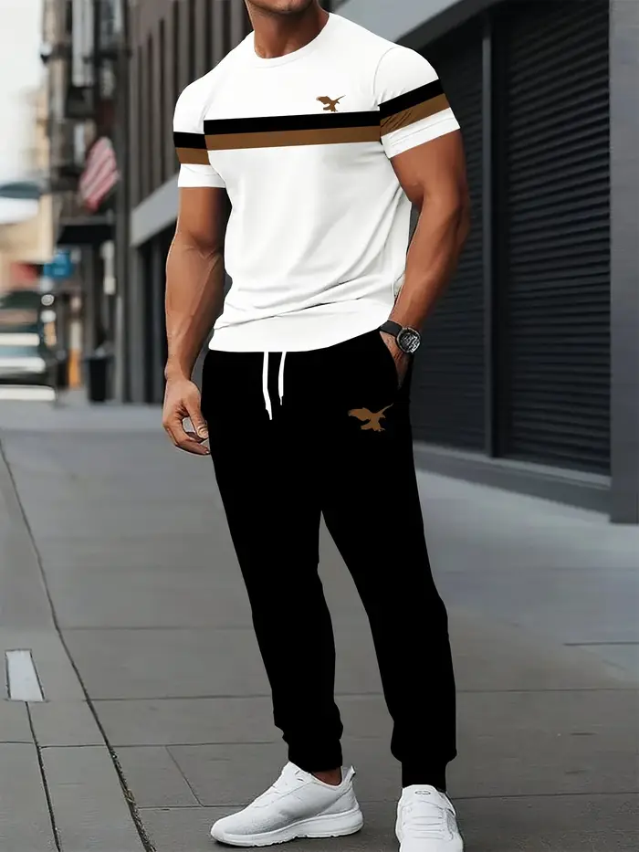 Nouveau beau hommes été rayure imprimé confortable et respirant col rond T-shirt pantalon ensemble v