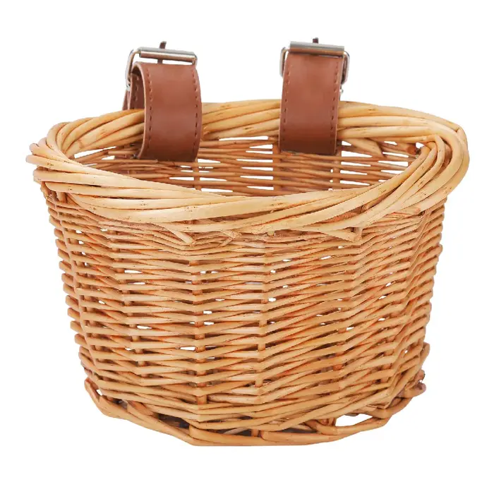 Panier de rangement avant en osier en forme de D pour vélo et scooter enfant avec sangles en cuir pour accessoires de cyclisme occasions spéciales探险时携带儿童自行车和滑板车的前置柳条篮子，为每一次骑行增添乐趣和便利。