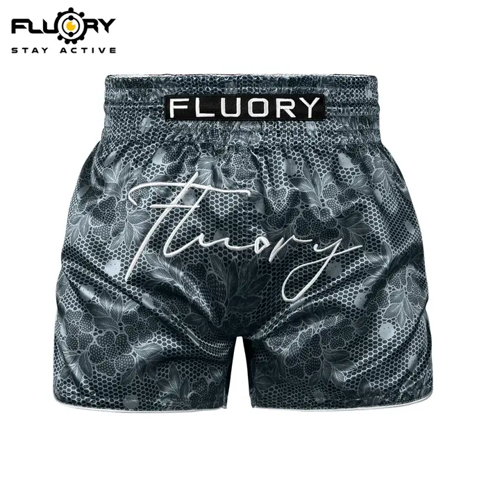 Shorts de Muay Thai brodés rétro imprimés FLUORY, tissu confortable et respirant, shorts d'entraînem