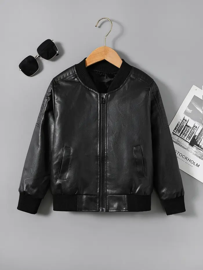 Vêtements pour enfants pour garçons, veste en cuir PU pour enfants plus âgés, veste de style moto d'
