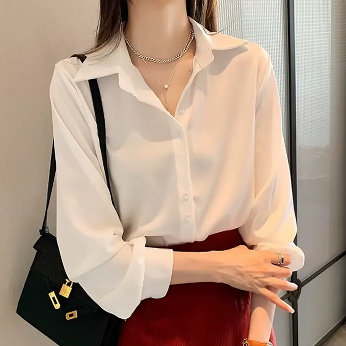 Printemps automne décontracté en mousseline de soie chemise femmes bureau dame chemises mode femme à