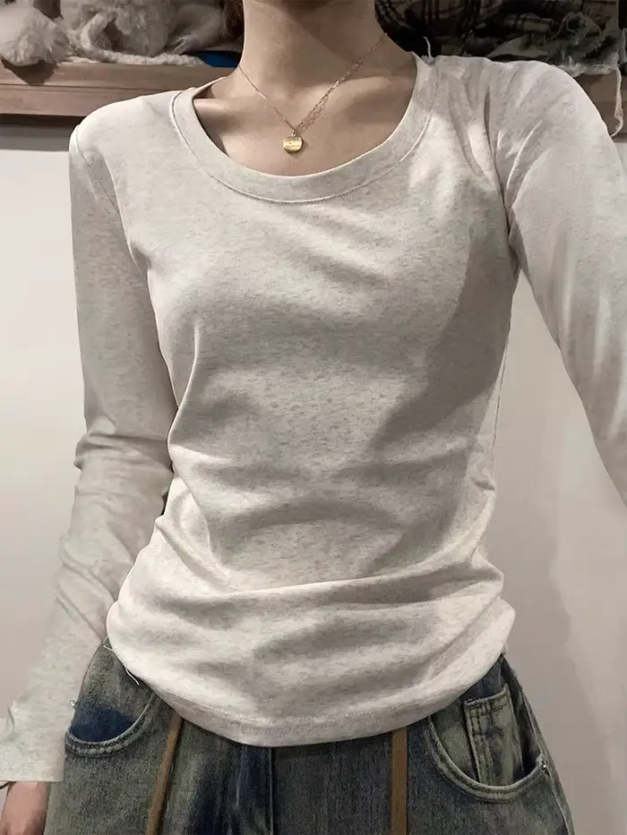 Col en U à manches longues T-Shirt femmes automne hiver nouveau coton mince haut décontracté basique