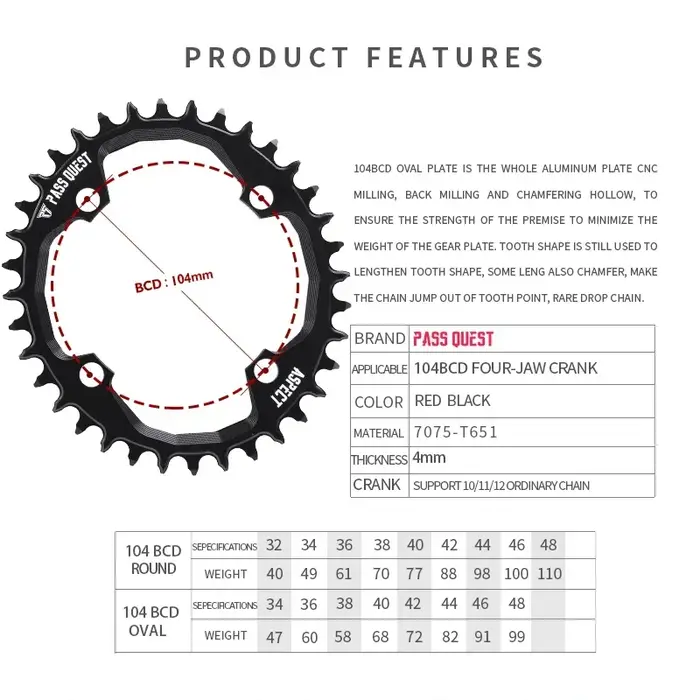 Plateau vélo PASS QUEST 104 bcd large étroit 30-38T compatible SRAM X0 X7 X5 X9 12 vitesses