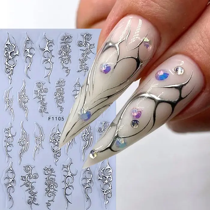 Autocollants métalliques chromés pour Nail Art, 2 pièces, Y2K Punk épines flamme Totem, modèles or a