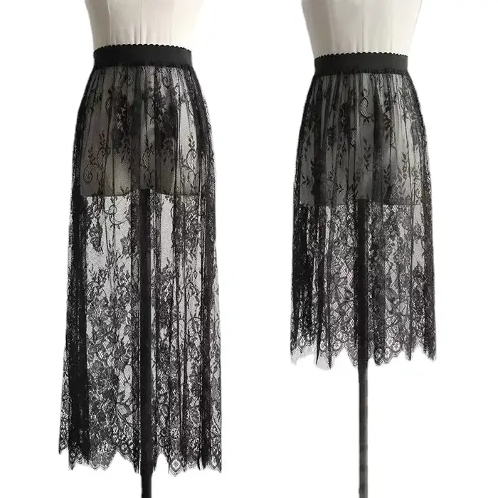 2 longueur élégante jupe noire dentelle blanche transparente longue jupe en Tulle dames élastique ta