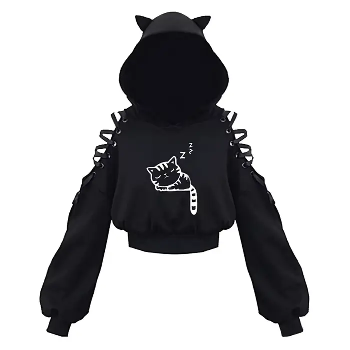 Y2k gothique femmes à capuche chat oreille haut court sweat à capuche évider à lacets à manches long