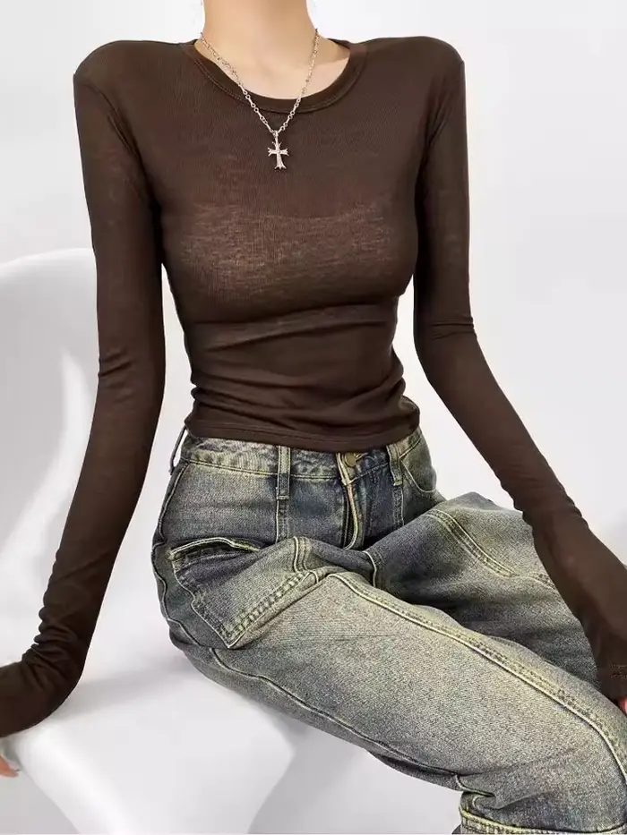 T-shirt semi-transparent à manches longues et col rond pour femme, coupe slim, printemps et été