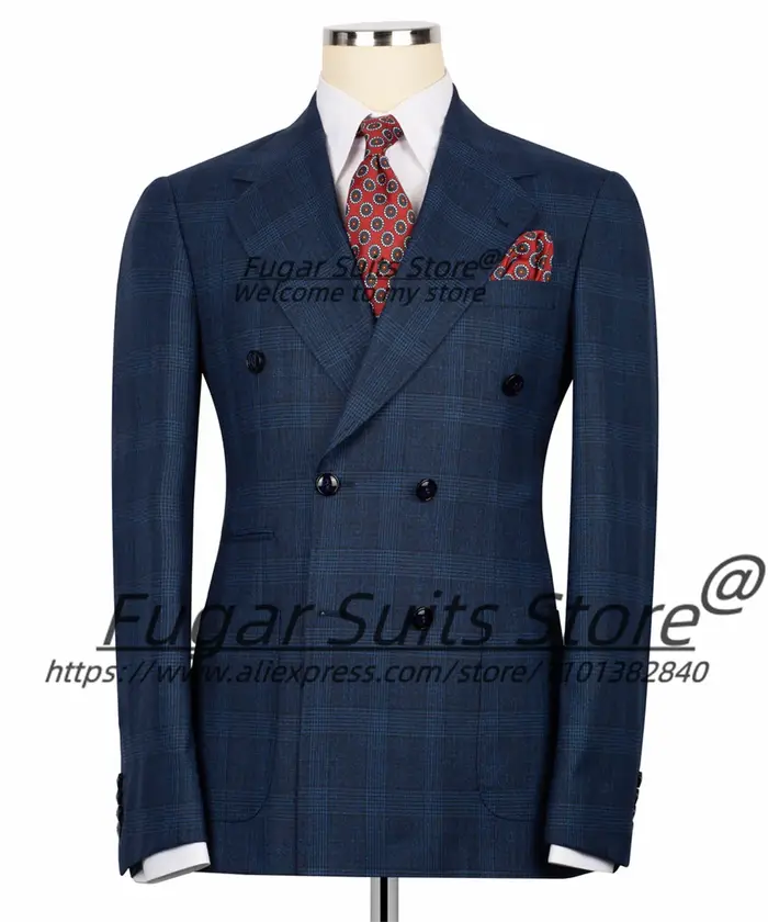 Costumes d'affaires à carreaux bleu marine pour hommes, personnalisés, coupe cintrée, Double boutonn