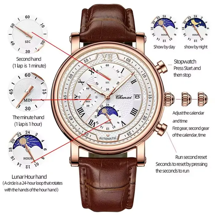 Chenxi 976 cuir chronographe Date hommes Phase de la lune chronométrage affaires lumineux montre à Q