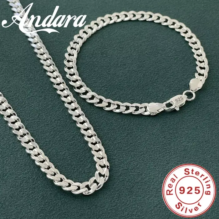 Breloque en argent Sterling 925 de haute qualité, chaîne de 7MM, bracelets et colliers, ensemble de 