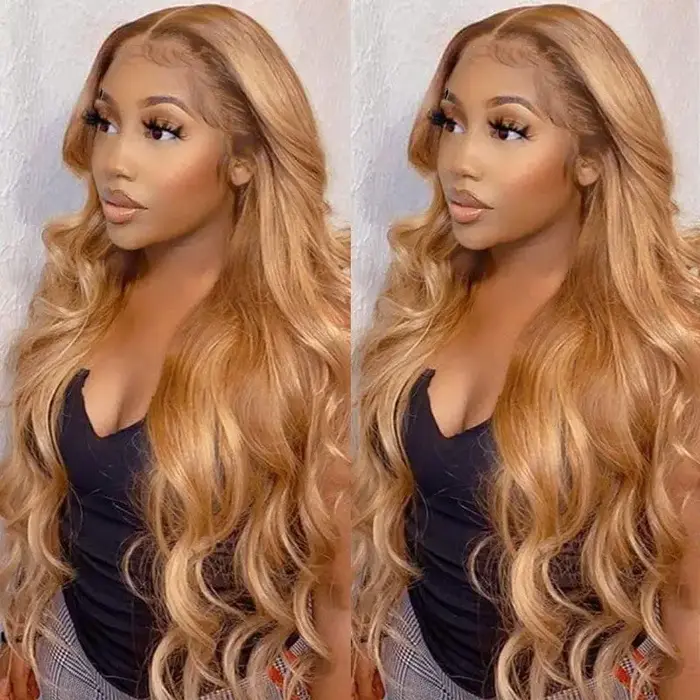 Perruque Lace Front Wig Body Wave Naturelle, Cheveux Humains, Couleur Blond Miel #27, 13x4, HD, pour