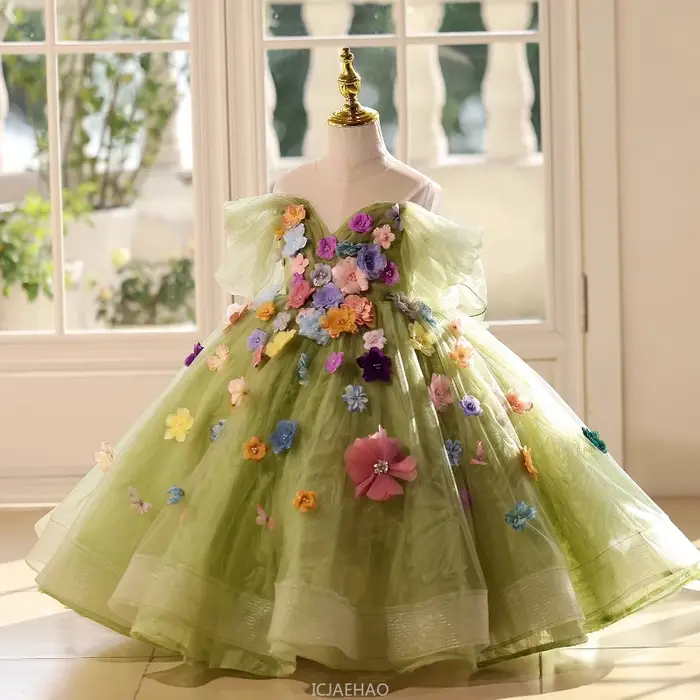 Robe de bal longue pour filles, vêtements floraux verts, robes de princesse d'anniversaire, tenue de