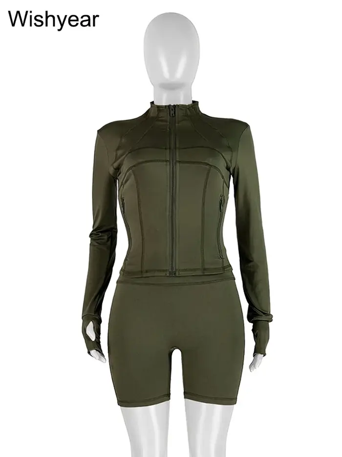 Ensemble de survêtement vert pour femme, veste zippée à manches longues, haut et short, tenue de jogging de fitness décontractée, 2 pièces, printemps et automne, ventes