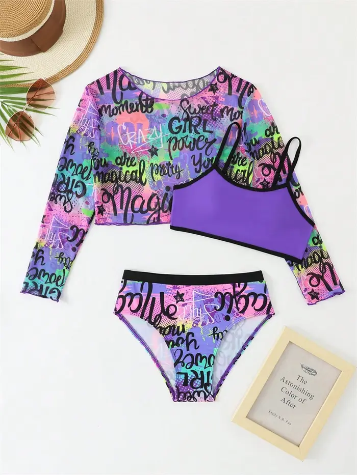Bikini enfants filles maillot de bain 2026 nouveau violet lettre fronde maille à manches longues enf