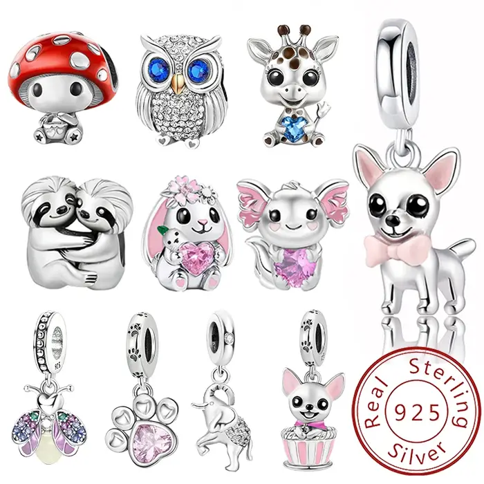 925 argent Sterling Animal haltère mignon rose chien breloques perles ajustement Bracelet à bricoler