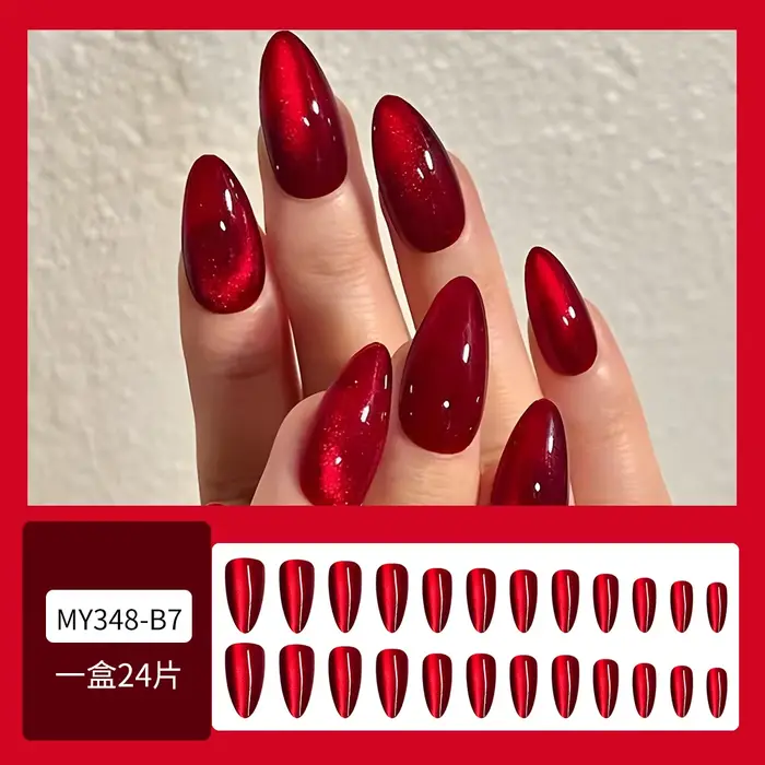 24 pièces brillant rouge oeil de chat presse sur ongles couverture complète couleur nue portable ama