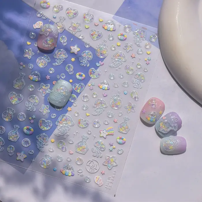 Bulles brillantes étoiles rêveur océan coquille conque étoile de mer méduse coloré 5D Nail Art autoc