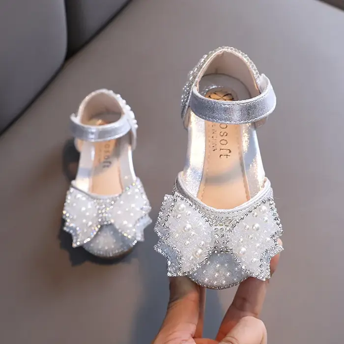 Sandales d'été plates de princesse pour filles, chaussures à paillettes avec nœud en strass, chaussu