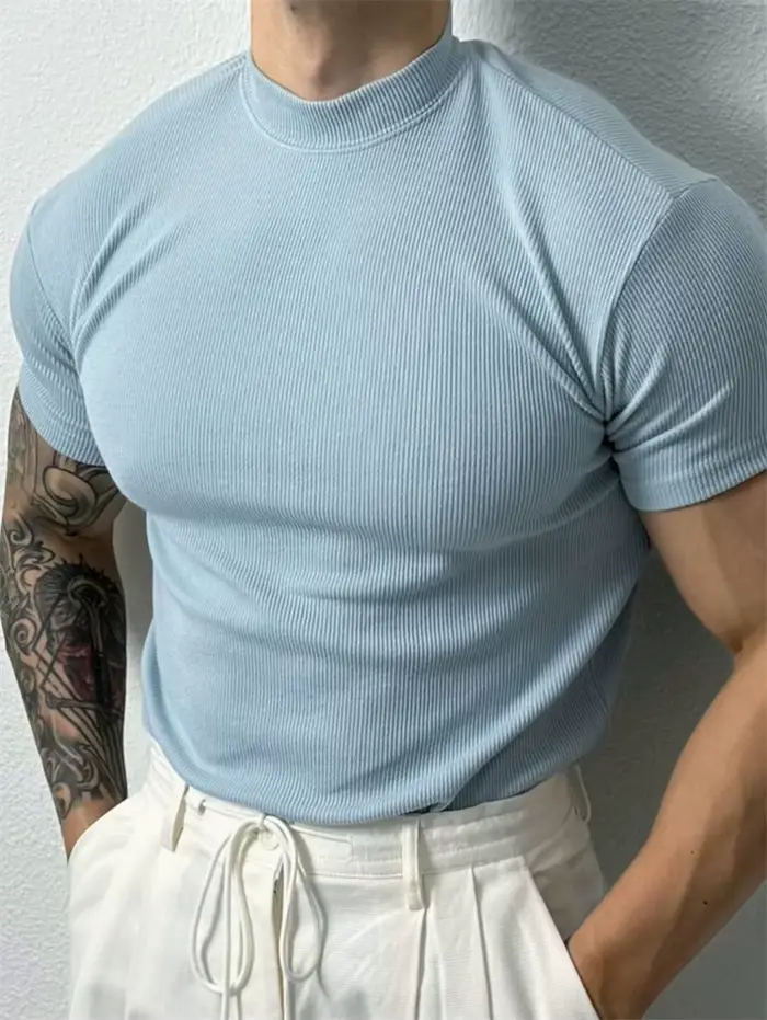 Printemps été mode hommes T-shirt petit col haut chemise à rayures à manches courtes haut de fitness