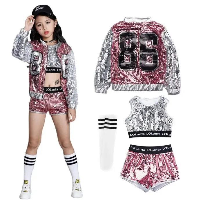 LOlanta 4-14 ans filles rose paillettes Crop Tops short veste Costume de danse Hip Hop moderne Jazz 